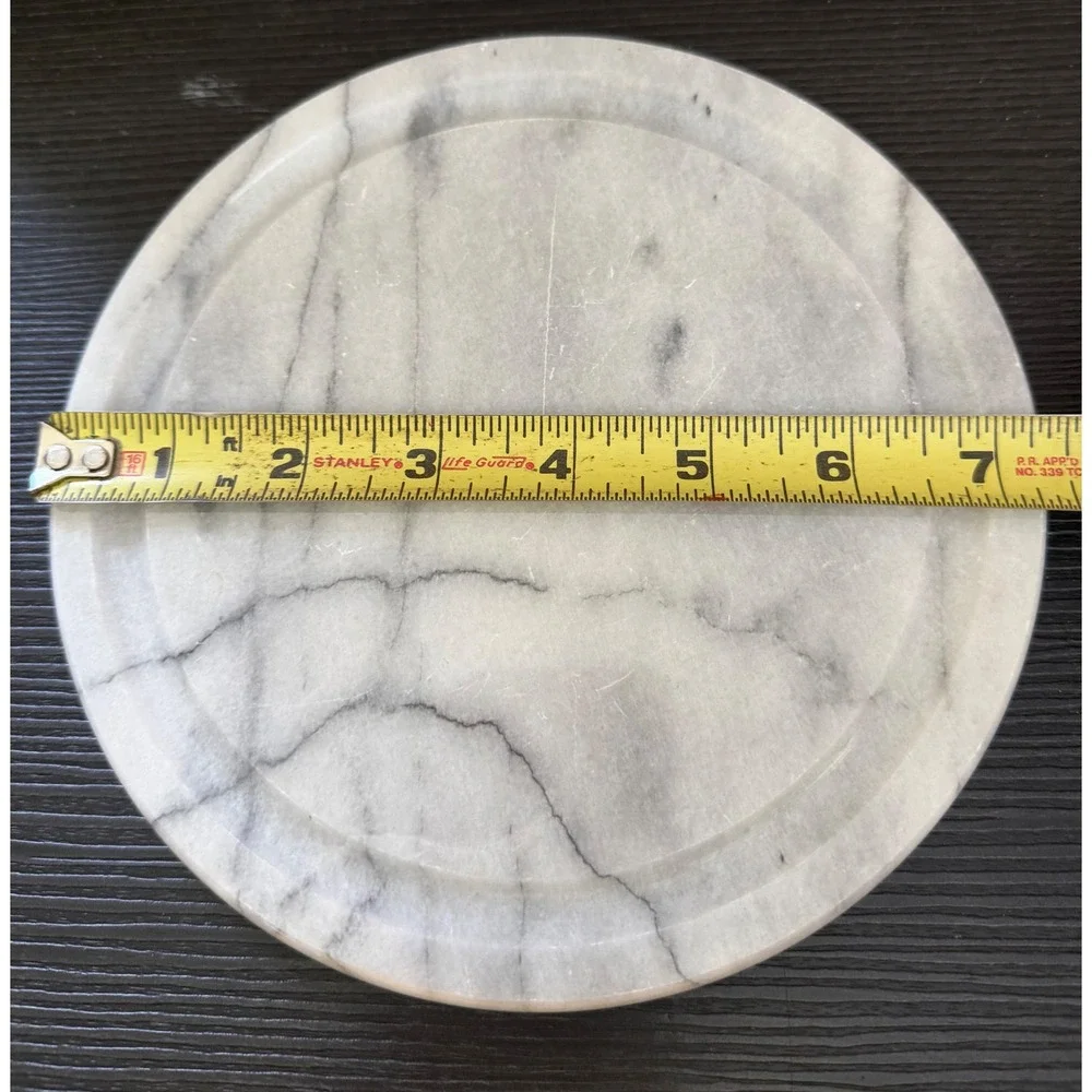 White Marble Round Trivet Coaster Grey Veined Stone 7.5 Inch Decorative Plate
